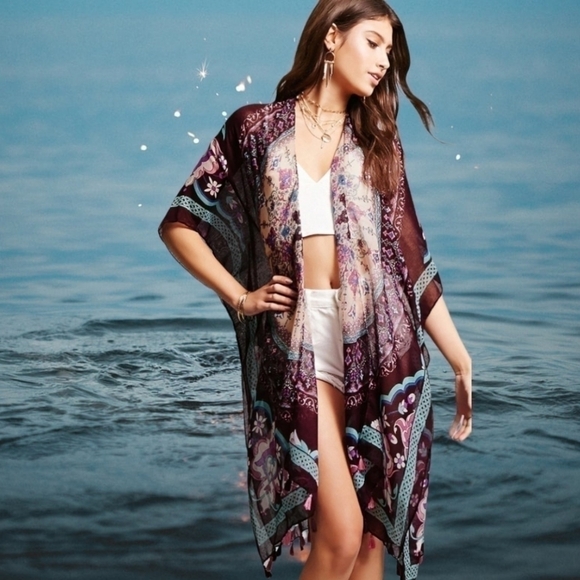 WOVEN HEART semi sheer georgette long Kimono Overpiece Poncho swimsuit c… - Picture 9 of 10